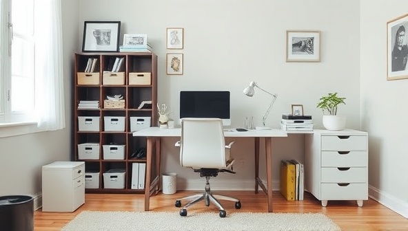 A calming and minimalist home office space transformed from cluttered to organized, featuring labeled storage bins, streamlined desk accessories, and a serene color palette, highlighting the transformative power of professional home organization.