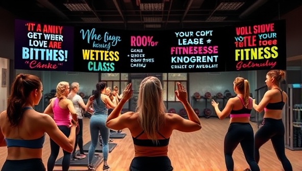 A virtual fitness class setting with participants engaging in a high-energy workout led by a fitness trainer, surrounded by digital motivational quotes, wellness tips, and vibrant exercise animations, inspiring a sense of empowerment, energy, and fitness progress.