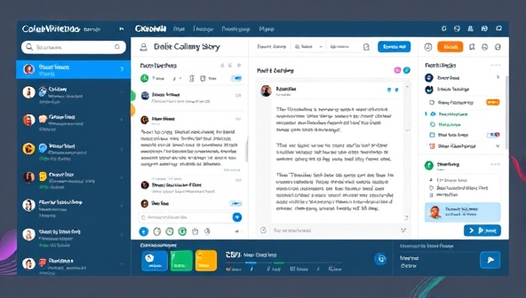 An interactive workspace screen displaying CollabWriteHub's platform interface with multiple users editing a collaborative story, real-time chat functions, project progress trackers, and colorful visual elements, illustrating the dynamic and cooperative nature of creative collaboration on the platform.