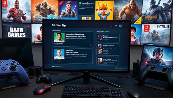 An AI assistant providing real-time gaming tips on a screen, surrounded by gaming peripherals and a diverse range of game genres displayed in the background, illustrating personalized mentorship in action.