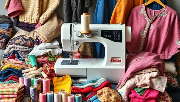 An artistic image of a sewing machine surrounded by piles of colorful fabric scraps, spools of thread, and upcycled garments in various stages of transformation, reflecting creativity and sustainability in fashion.