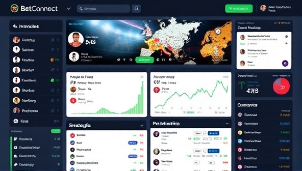 A vibrant and dynamic social betting network interface showcasing user profiles, betting strategies, performance graphs, and interactive betting discussions, illustrating the collaborative and engaging nature of BetConnect.