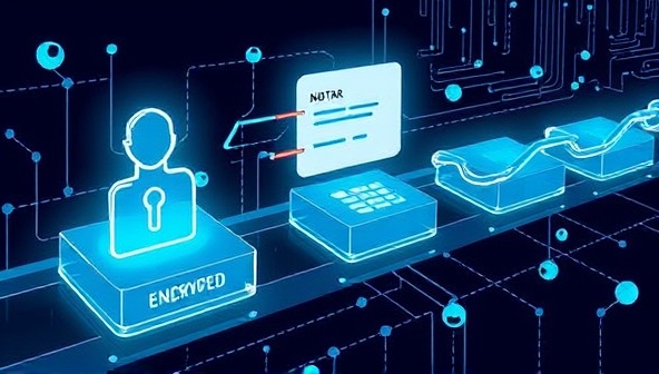 An illustrative representation of the IdentityGuard Blockchain platform showing a secure digital identity verification process, with encrypted data blocks being added to a chain, symbolizing transparency and security in identity management through blockchain technology.