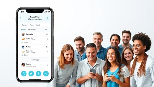 An innovative smartphone app interface showing a personalized medication schedule with reminders, alongside a diverse group of happy users managing their medications effortlessly, promoting health and convenience.