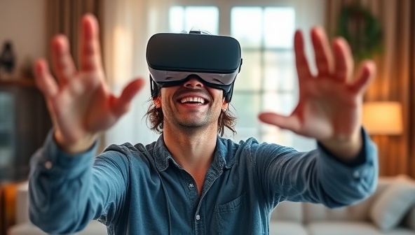 An individual wearing a VR headset, smiling and reaching out as if touching a virtual representation of the Eiffel Tower, with a backdrop of a cozy living room, highlighting the immersive and interactive nature of VR Wanderlust experiences.