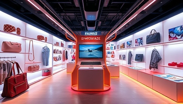 An immersive VR environment showcasing a variety of products, from fashion accessories to tech gadgets, with interactive features like product details and purchase options, creating a futuristic and engaging shopping experience on VR Showcase.