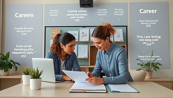A virtual career coaching session with a career advisor assisting a client with resume writing, surrounded by career success stories and inspirational quotes, creating a supportive and motivating environment for career transitions.