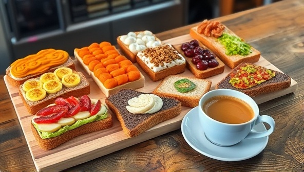 An aesthetically pleasing toast bar setup with a variety of bread slices, colorful spreads, and an array of toppings displayed on a rustic wooden counter, accompanied by a steaming cup of artisanal coffee, creating a cozy and inviting atmosphere for customers to indulge in gourmet toast delights.