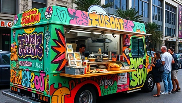 A vibrant food truck adorned with colorful graffiti art and serving a fusion dish that creatively blends two distinct cuisines, with customers enjoying the unique and flavorful meal against a backdrop of a bustling street scene.
