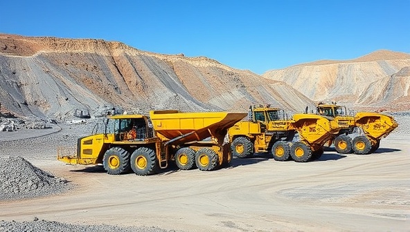 An image of a mining site where multiple companies are sharing and utilizing the same set of specialized mining equipment, demonstrating collaboration, efficiency, and sustainability in mining operations through equipment sharing.