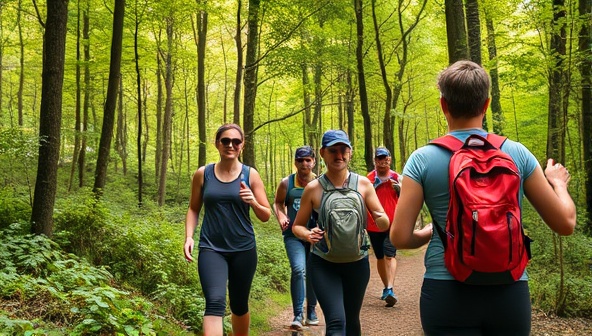 An image of a group of individuals hiking in a lush forest with fitness gear, water bottles, and backpacks, capturing the essence of an outdoor fitness adventure tour.