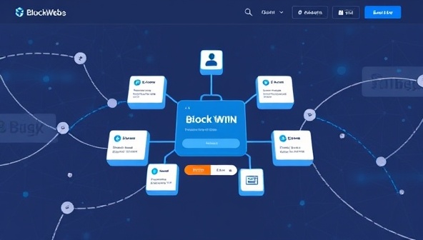 A digital marketplace interface with blockchain blocks forming a secure network around design services, client reviews, and payment options, symbolizing the transparent and trustworthy ecosystem offered by BlockWeb Designs, appealing to businesses seeking reliable design solutions.