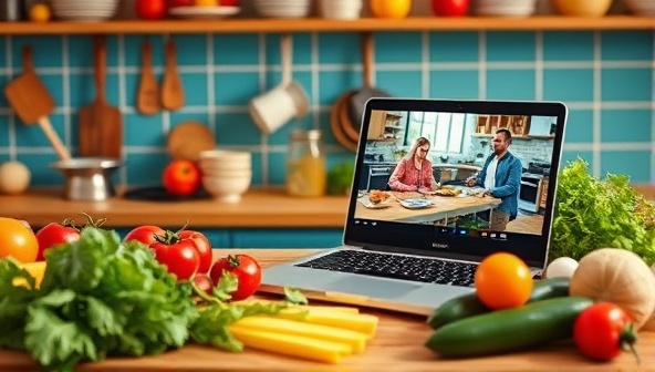 A vibrant, colorful kitchen setting with fresh ingredients, cooking utensils, and a laptop displaying a live cooking class, showcasing a fun and interactive learning environment.