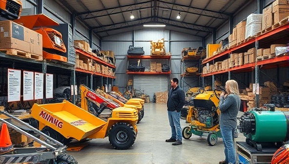 An image of a well-organized warehouse filled with various mining equipment available for rent, with clear signage, equipment specifications, and a team member assisting a customer in selecting the right tools.
