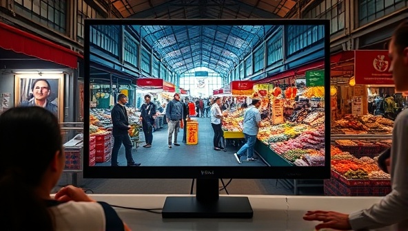 A computer screen showing a live virtual tour of a bustling market in a foreign country, with a guide interacting with the audience and pointing out unique items, creating an immersive and educational experience.