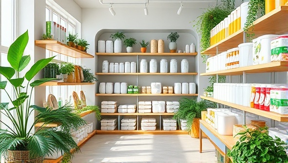 A modern, bright store interior with shelves filled with refillable containers of various sizes, accompanied by lush green plants and eco-friendly product displays, evoking a fresh and sustainable shopping experience.