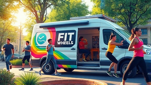 An artist's rendition of a vibrant and active pop-up workout scene outside the FitWheels On-the-Go van, with participants engaging in various fitness activities, surrounded by greenery and urban elements, capturing the energy and mobility of the mobile fitness concept.