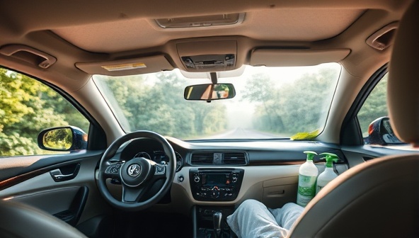 A serene car interior with natural air purifiers, soothing essential oil diffusers, and eco-friendly cleaning products, creating a tranquil and wellness-focused driving environment that promotes relaxation and health.