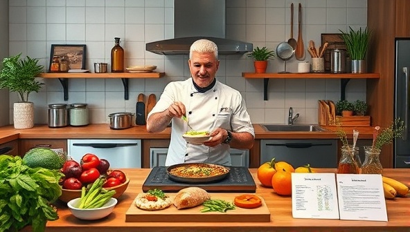 A virtual kitchen setting with a chef showcasing a culinary creation through a live cooking demonstration, surrounded by fresh ingredients, cooking utensils, and digital recipe cards, evoking a sense of culinary delight and learning in virtual cooking classes.