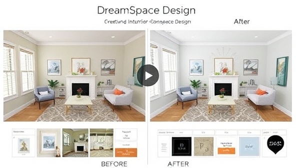 A digital room visualization showcasing a virtual interior design transformation, with before-and-after images, mood boards, and design elements like furniture, colors, and textures, reflecting the creative and personalized design approach at DreamSpace Design.