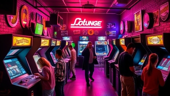 A vibrant image of a retro gaming lounge pop-up filled with vintage arcade machines, neon lights, gaming memorabilia, and enthusiastic visitors enjoying classic games and interactive experiences, capturing the essence of RetroRevive Pop-Ups' nostalgic gaming events.