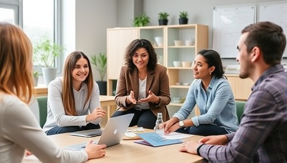 A supportive workplace environment with employees engaging in a mental health training session, led by a professional trainer, promoting open dialogue and mental health awareness in the workplace.