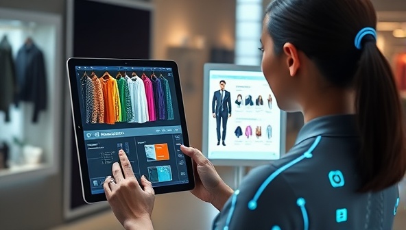 An artistic representation of a virtual AI image consultant analyzing a client's digital wardrobe and providing personalized style suggestions on a tablet screen, creating a futuristic and personalized image consulting experience with PersonaStyle AI.