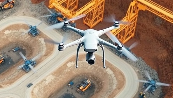 An aerial view of a mining site with drones flying overhead, monitoring operations and ensuring safety and security, illustrating the advanced surveillance capabilities of the remote monitoring service.