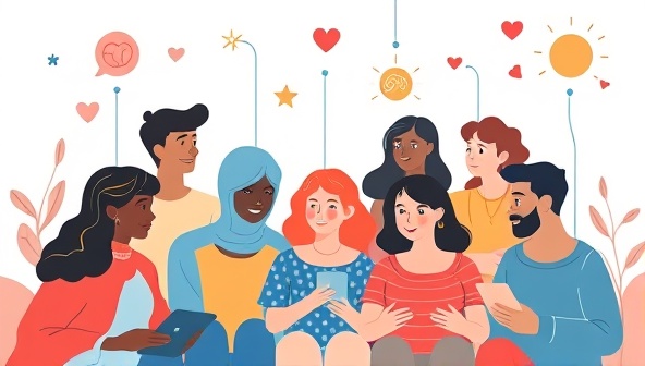 An empathetic digital illustration of diverse individuals connecting virtually in a supportive mental health community, sharing experiences and resources, with symbols of resilience and hope in the background, conveying a message of solidarity and understanding.