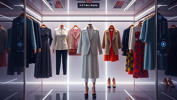 An image of a futuristic digital closet displaying virtual outfits generated by AI algorithms, blending modern technology with sustainable fashion choices.