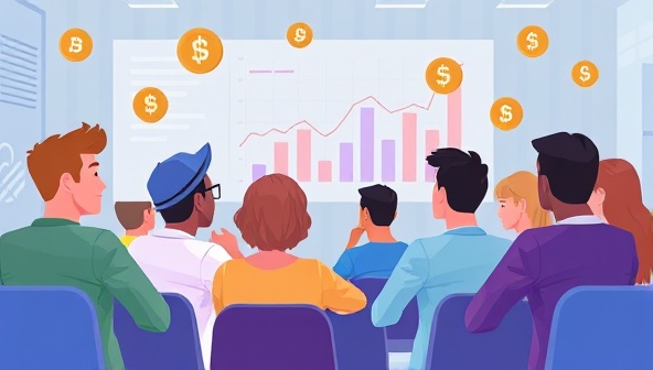 An engaging digital illustration of a diverse group of people attending a virtual cryptocurrency workshop, with colorful graphs and digital currencies floating around, symbolizing learning and innovation in the digital finance space.