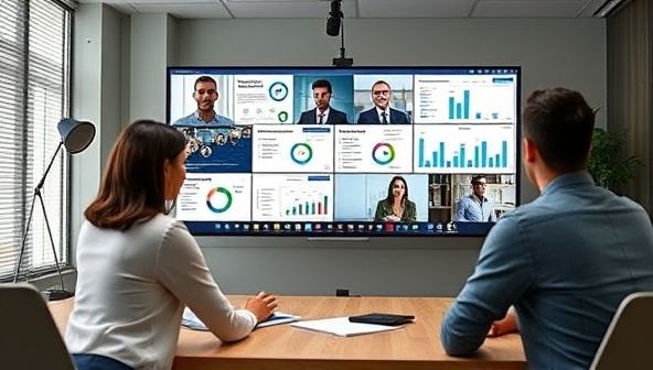 A virtual meeting setup with digital marketing consultants engaging with clients through video conferencing, sharing screens displaying campaign insights and strategic recommendations, conveying professionalism and expertise of Digital Thrive Consult.