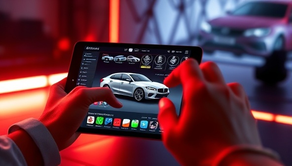 An imaginative visual concept featuring a user interacting with the CustomRide Studio platform on a digital device, customizing a virtual car model with a wide range of options and styles, capturing the creativity and personalization potential of the online car design studio.