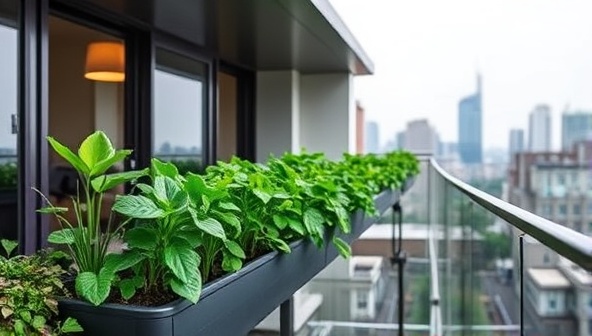 An image of a sleek, modern balcony adorned with lush green plants growing in the CityGreens Kit, showcasing the beauty and functionality of urban farming in small spaces.
