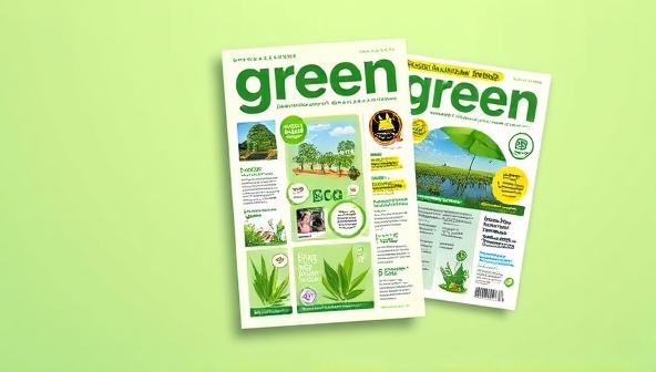 An eye-catching magazine cover design featuring vibrant green hues, eco-friendly symbols, and images of nature and sustainability practices, conveying a fresh and environmentally conscious aesthetic for the publication.