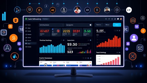 An elegant digital dashboard displaying customized marketing campaigns with real-time performance metrics, surrounded by digital icons representing customer segmentation and engagement data, symbolizing efficiency and innovation in marketing automation.