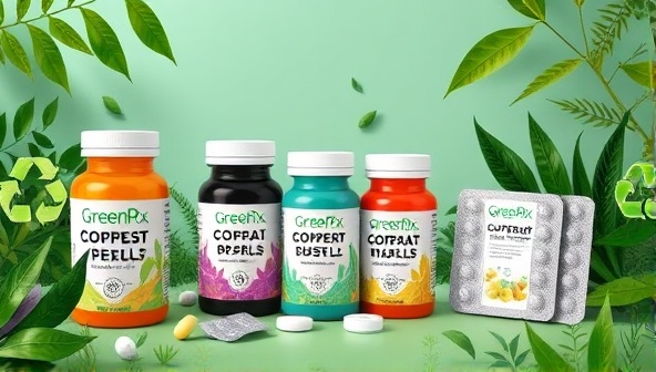 An artistic representation of GreenRx Pack's sustainable medication packaging options, featuring vibrant, nature-inspired designs on compostable pill bottles and recyclable blister packs, surrounded by lush greenery and eco-friendly symbols, conveying a message of environmental responsibility and innovation.