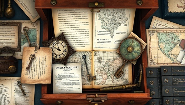 An assortment of mysterious artifacts and puzzle elements neatly arranged inside an open mystery box, including cryptic notes, keys, maps, and intricate puzzles waiting to be solved, creating a sense of intrigue and adventure.