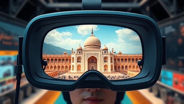 An immersive VR headset displaying a breathtaking virtual travel scene, with a user exploring a digital representation of a famous landmark, surrounded by virtual guides and interactive elements, capturing the essence of VR Wanderlust's platform.