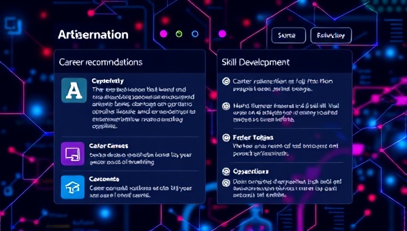 An AI interface displaying career recommendations and skill development opportunities based on user input, with vibrant visual elements representing various career paths and opportunities, conveying innovation and guidance.