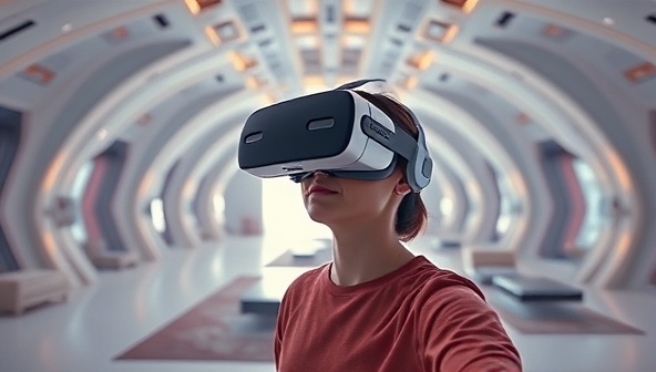 An immersive virtual reality experience showcasing a user wearing a VR headset, exploring a digital recreation of a futuristic architectural marvel, with interactive elements like changing lighting, movable furniture, and detailed textures, creating a captivating and realistic virtual tour.