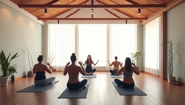 A serene and zen-inspired meditation studio with soft lighting, earthy tones, and natural elements, featuring participants practicing gentle movements and meditation poses in a harmonious and tranquil setting, conveying a sense of peace, mindfulness, and inner balance at TranquilFlow Studios.