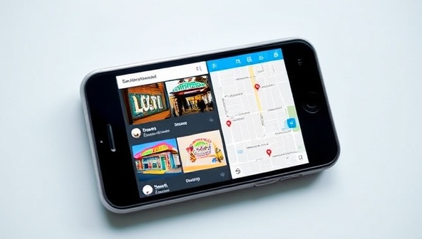 A smartphone displaying the LocalLink Connect app interface, featuring colorful icons of local businesses, personalized recommendations, and a map view highlighting nearby attractions and services, illustrating the convenience and customization of the local business directory app.