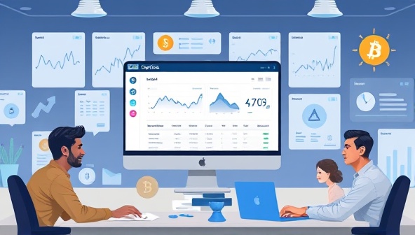 An illustrative scene of a digital workspace with a computer screen displaying the CryptoLedger Pro platform, surrounded by crypto charts and financial records, with a diverse group of satisfied clients managing their crypto portfolios efficiently, symbolizing precision and expertise in crypto accounting.