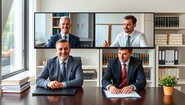 A virtual legal office setup with legal professionals discussing cases on video calls, legal books and documents in the background, showcasing professionalism and expertise in the virtual legal consulting services offered by the firm.