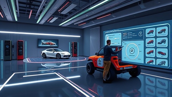 An immersive digital visualization of a futuristic car design studio, with interactive design tools, virtual car models, and a user customizing a vehicle design on a large touch screen, portraying innovation, creativity, and personalized automotive aesthetics.