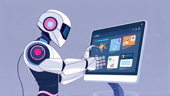 An illustration of a futuristic robot with design tools integrated into its arms, assisting a person in creating a website on a digital screen, symbolizing the innovative AI-powered web design assistant.