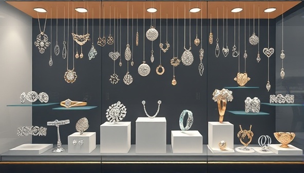 An elegant digital illustration showing a diverse range of intricately designed 3D printed jewelry pieces displayed on a virtual storefront, highlighting the customization and craftsmanship of the products.