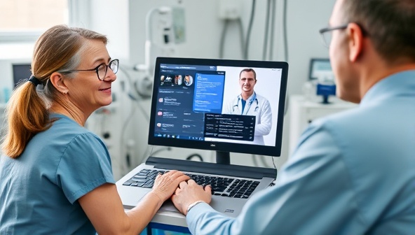 An engaging visual of a patient consulting with a healthcare provider via a video call on a laptop, with medical equipment in the background and digital health records displayed on the screen, showcasing the seamless and efficient virtual healthcare experience provided by HealthLink Assist.