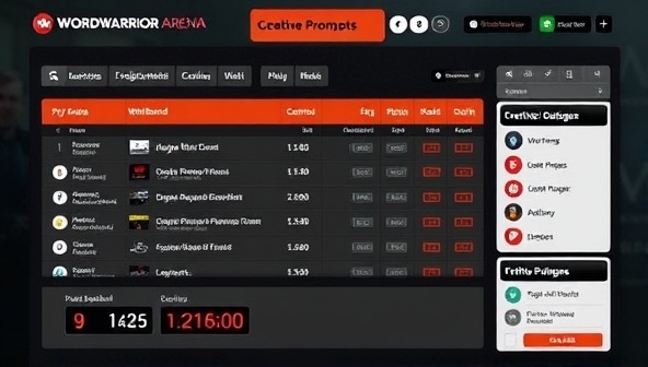 An online leaderboard showcasing top participants in a writing challenge, with digital badges, creative prompts, and a countdown timer for the next competition, creating a sense of excitement and competitive spirit within the WordWarrior Arena community.